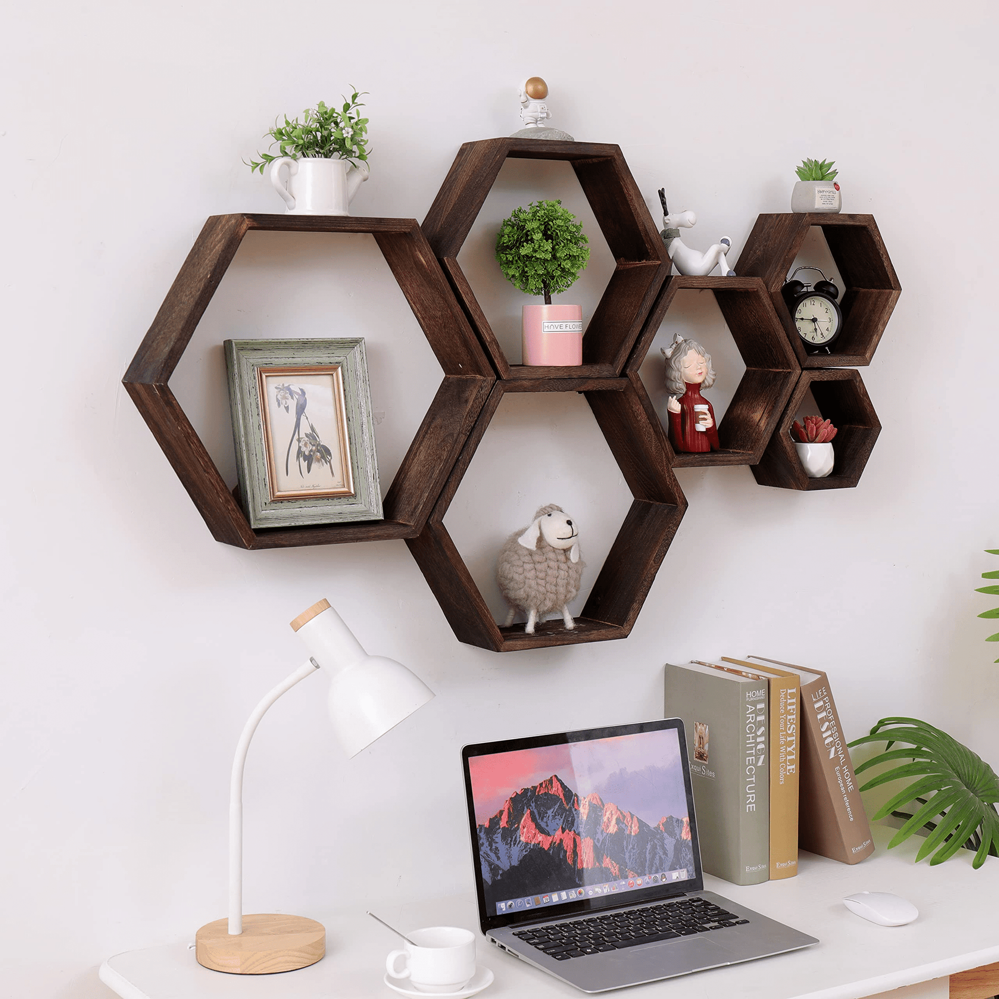 Large Hexagon Floating Shelves - Farmhouse Style Wall Mounted Wooden Honeycomb Shelves, Set of 6 - BuzzMart