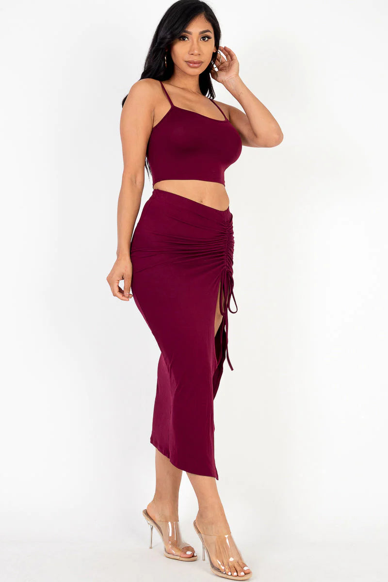 Cami Crop Top & Ruched Side Split Hem Midi Skirt Set (CAPELLA) - BuzzMart