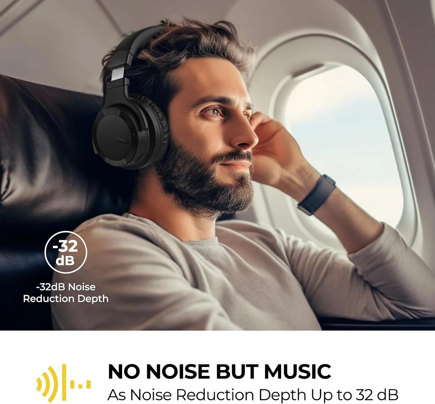 E7 Active Noise Cancelling Headphones - Wireless Bluetooth Headphones with Rich Bass, Clear Calls - Black - BuzzMart