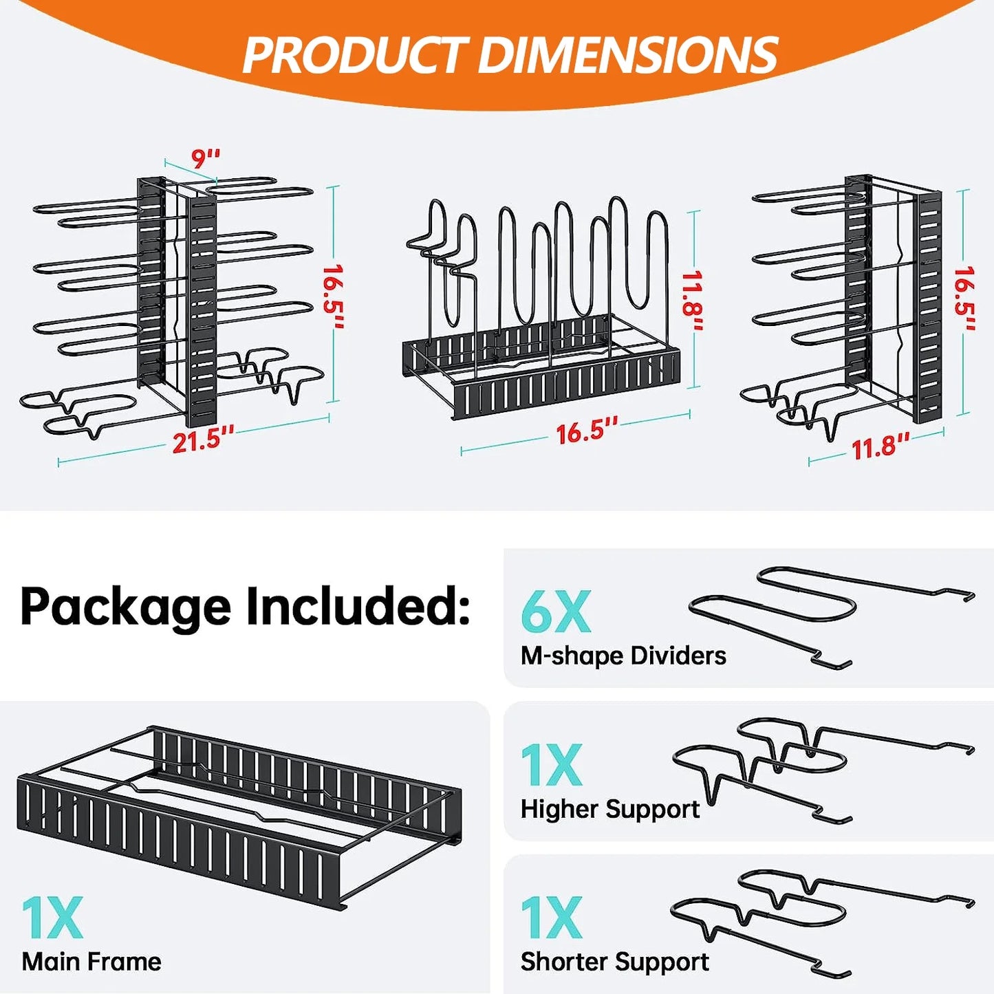 Pots and Pans Organizer Rack, 3 DIY Methods Adjustable 8-Tier Pot and Pan Rack, Metal Heavy Duty Pot Lid Organizer with Anti-Slip Silicone Pad for Cabinet Kitchen Organization Storage - BuzzM