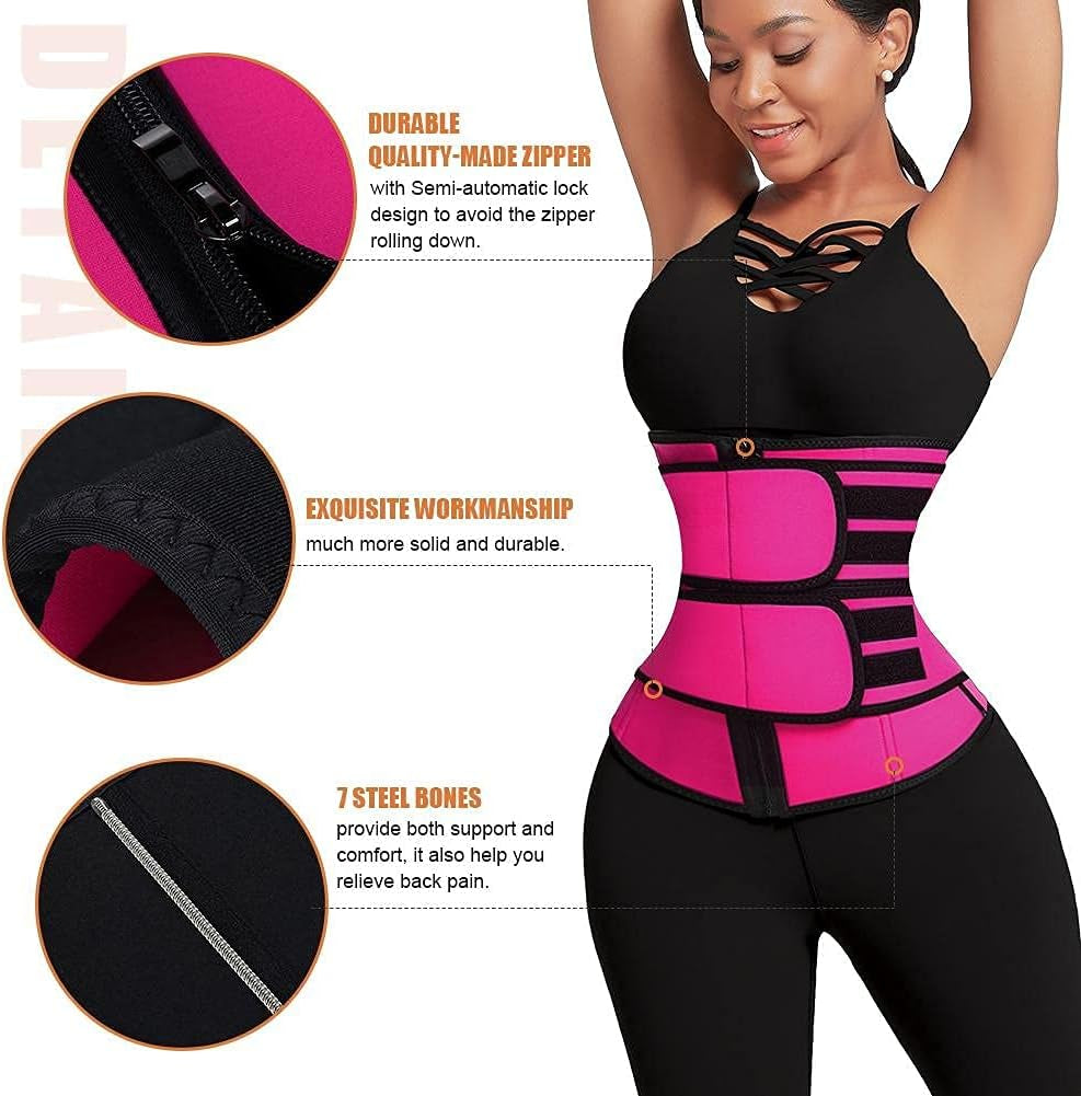 Women's Waist Cincher Trimmer - Neoprene Workout Corset with Two Belts and Zipper - BuzzMart