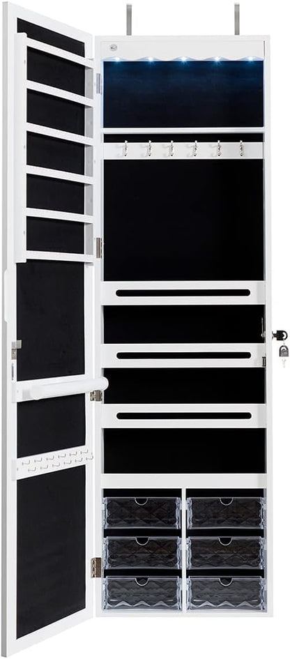 47.5'' Full-Length Mirror Jewelry Cabinet Armoire - Wall Mounted & Door Hanging Lockable Organizer with LED Lights and Acrylic Drawers - BuzzMart