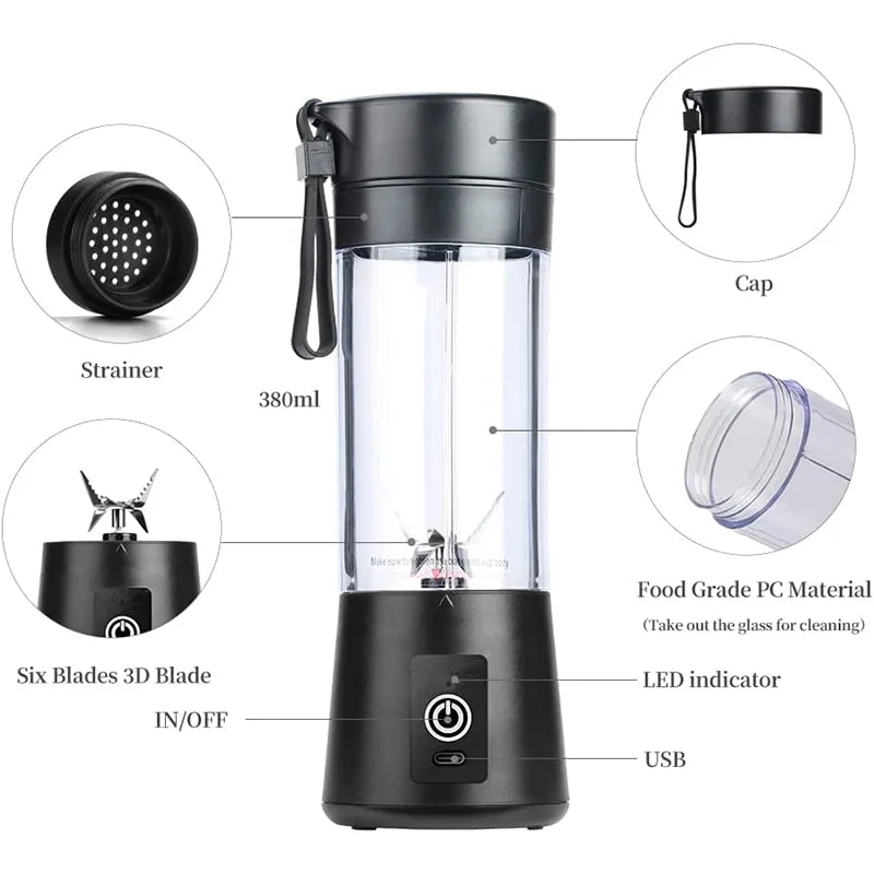 380ml Portable USB Blender Cup (Electric Mini Juicer for Shakes, Smoothies, and Juice with Six Blades) - BuzzMart