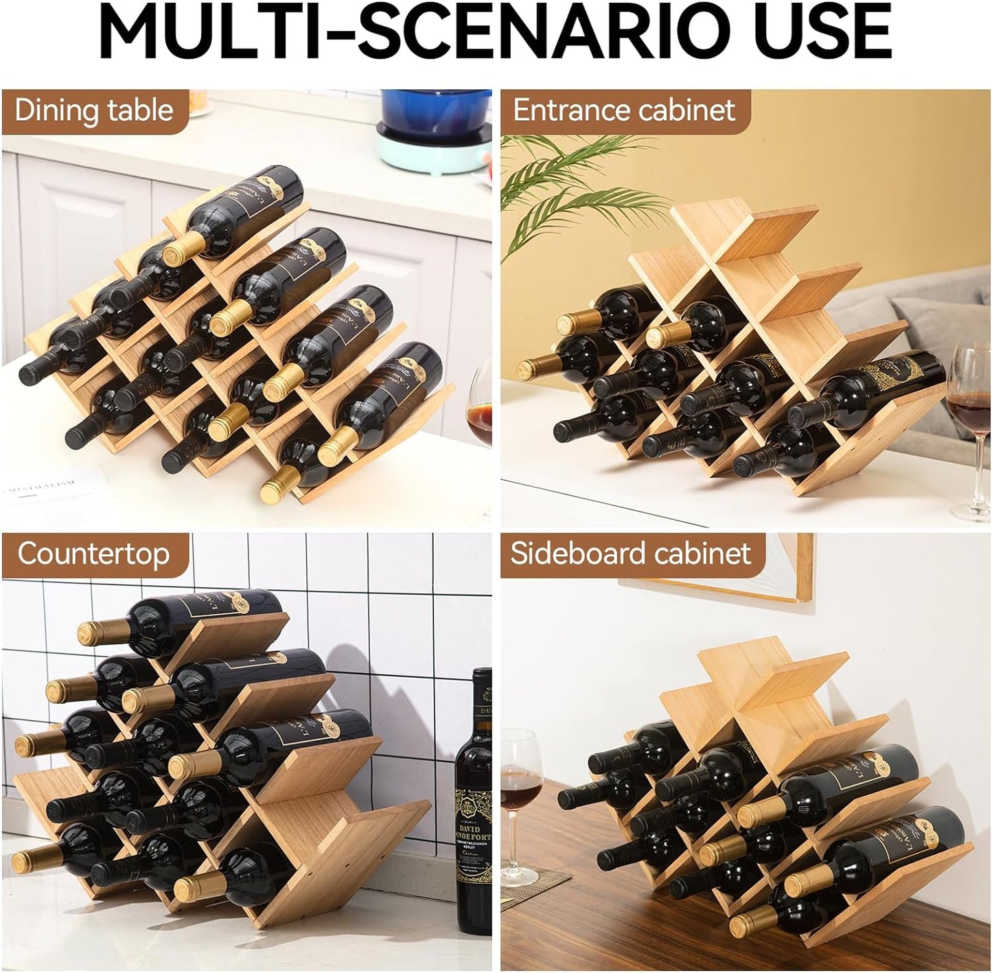 Wooden 13-Bottle Wine Rack - 4-Tier Wine Display Shelf, Free Standing & Countertop Wine Storage - Natural Wood Finish - BuzzMart