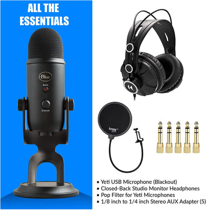 Yeti USB Microphone (Blackout) Bundle with Knox Gear Headphones and Pop Filter - 3-Piece Professional Audio Set - BuzzMart