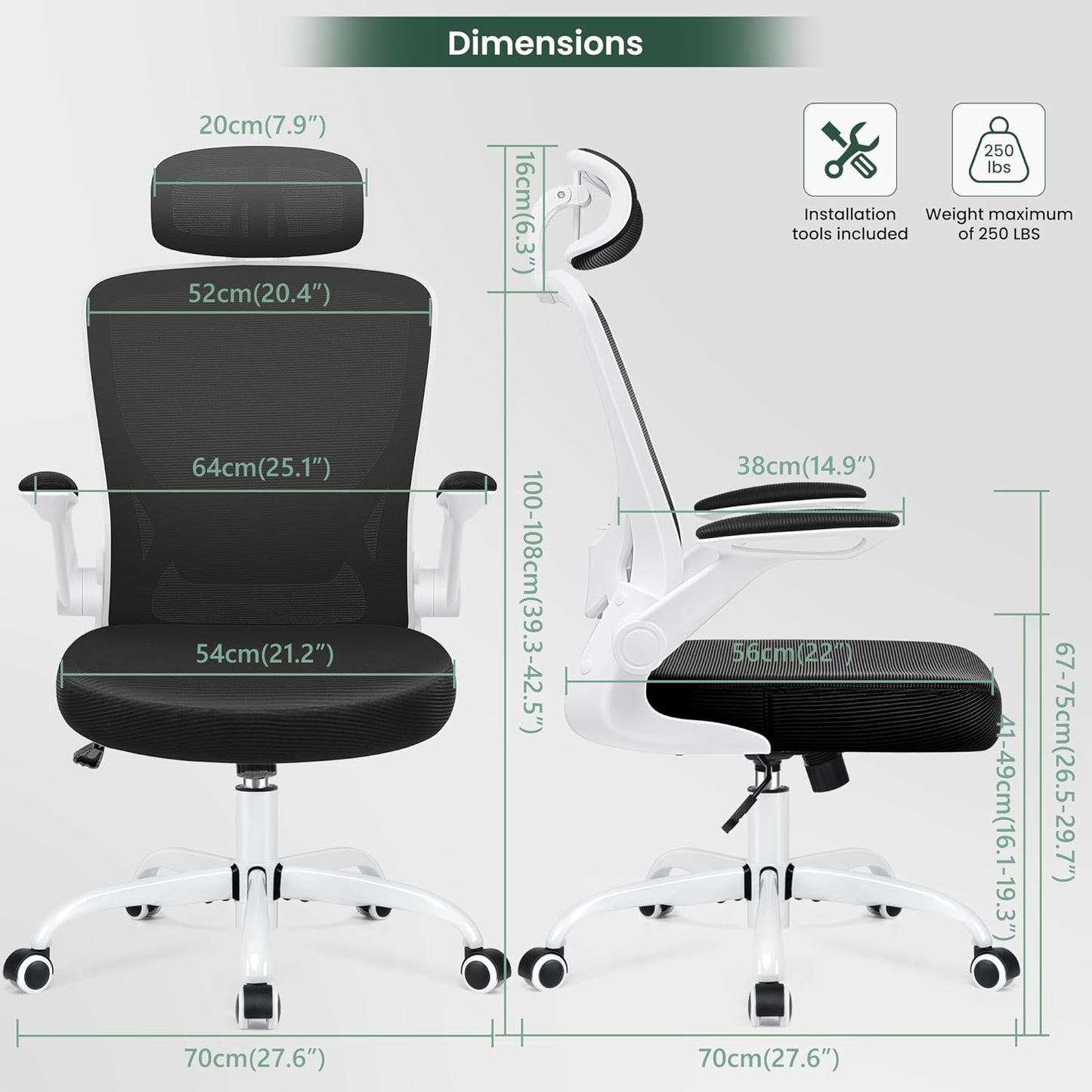 Ergonomic Mesh Office Chair with Lumbar Support and Headrest - Adjustable Height, Flip-Up Arms, Swivel Task Chair for Gaming and Office - BuzzMart