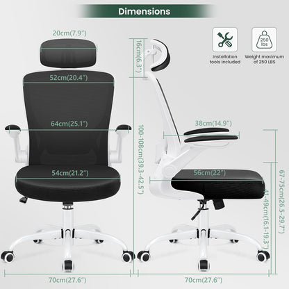 Ergonomic Mesh Office Chair with Lumbar Support and Headrest - Adjustable Height, Flip-Up Arms, Swivel Task Chair for Gaming and Office - BuzzMart