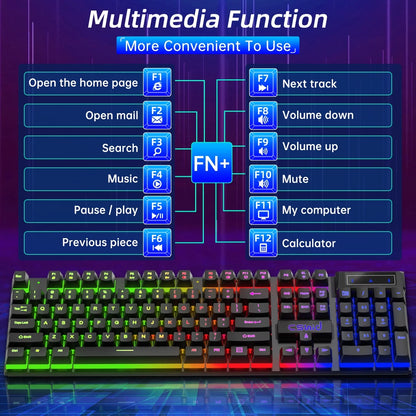 Rainbow LED Gaming Keyboard & Mouse Combo - Quiet, Backlit USB Wired Keyboard with Multimedia Keys, Anti-Ghosting, Waterproof for PC Gamers - BuzzMart