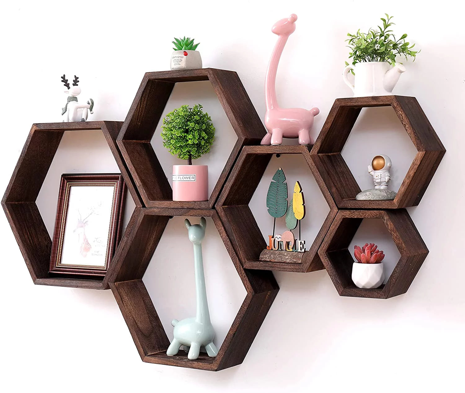 Large Hexagon Floating Shelves - Farmhouse Style Wall Mounted Wooden Honeycomb Shelves, Set of 6 - BuzzMart