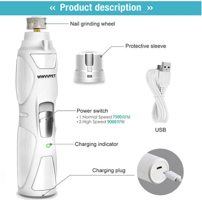 LED Pet Nail Grinder - 2-Speed Low Noise Nail Trimmer with 2 Grinding Heads - BuzzMart