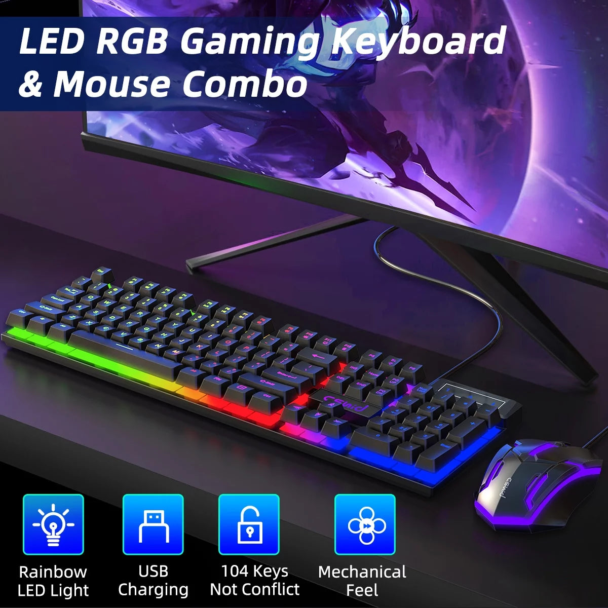 Rainbow LED Gaming Keyboard & Mouse Combo - Quiet, Backlit USB Wired Keyboard with Multimedia Keys, Anti-Ghosting, Waterproof for PC Gamers - BuzzMart