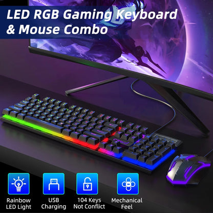 Rainbow LED Gaming Keyboard & Mouse Combo - Quiet, Backlit USB Wired Keyboard with Multimedia Keys, Anti-Ghosting, Waterproof for PC Gamers - BuzzMart