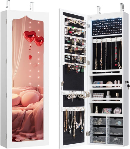 47.5'' Full-Length Mirror Jewelry Cabinet Armoire - Wall Mounted & Door Hanging Lockable Organizer with LED Lights and Acrylic Drawers - BuzzMart