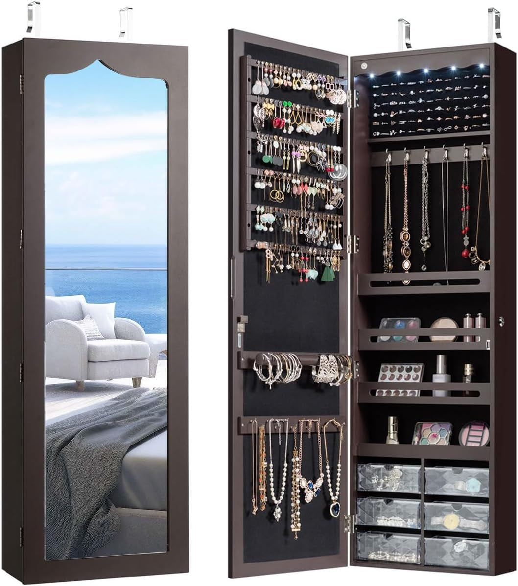 47.5'' Full-Length Mirror Jewelry Cabinet Armoire - Wall Mounted & Door Hanging Lockable Organizer with LED Lights and Acrylic Drawers - BuzzMart