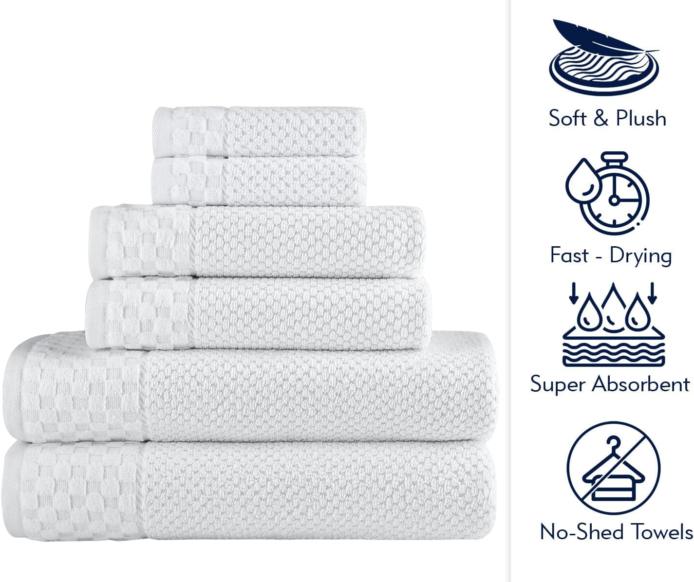 CTT Set of 6-100% Turkish Cotton, Absorbent & Comfy, Includes 2 Bath Towel 2 Hand Towel & 2 Washcloth | (White) - BuzzMart