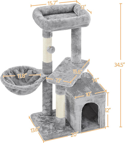 34-Inch Cat Tree - Plush-Covered Tower with Condo, Platform & Basket for Indoor Kittens - BuzzMart