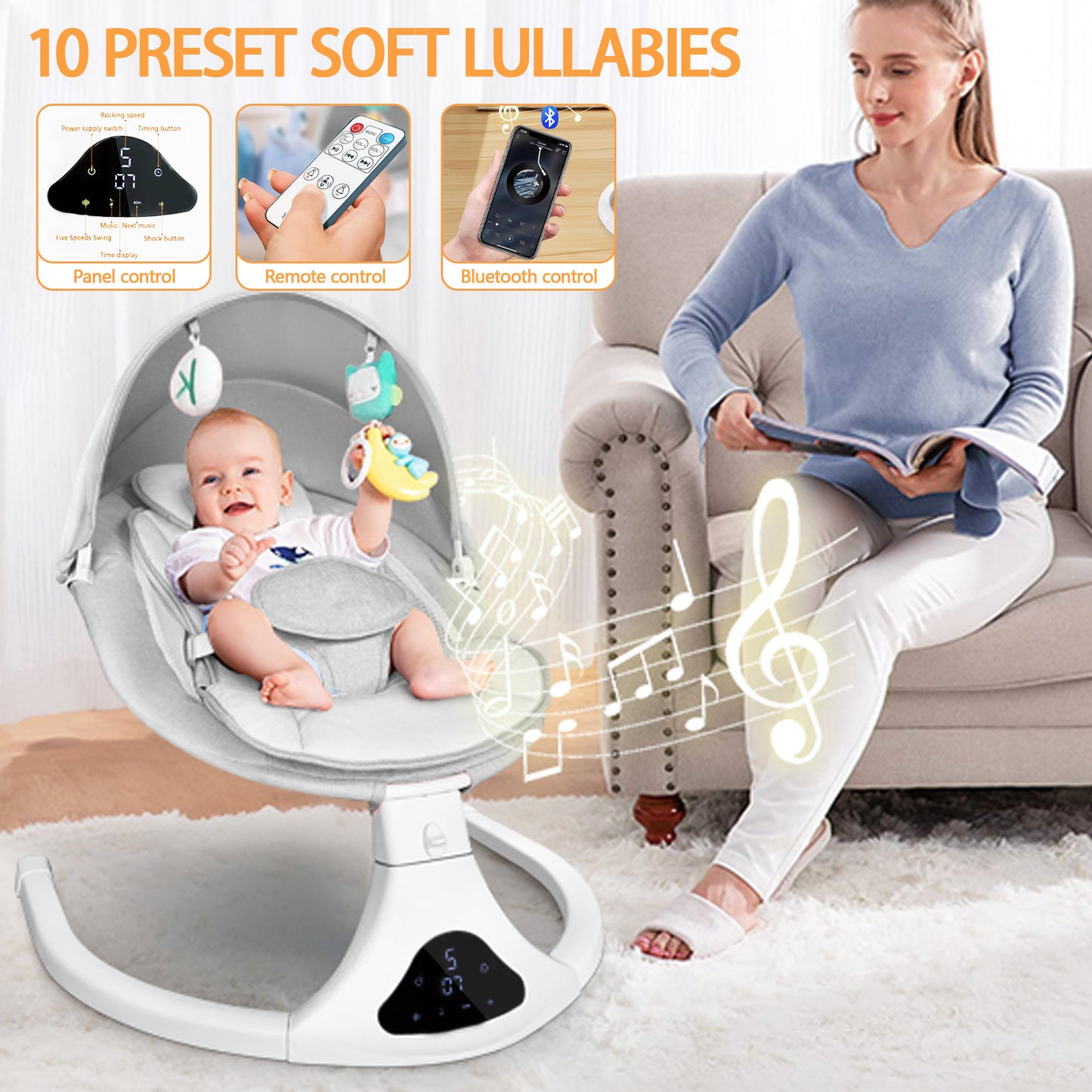 Baby Swing - Electric Baby Rocker Bouncer with Remote Control and Music, Gray - BuzzMart