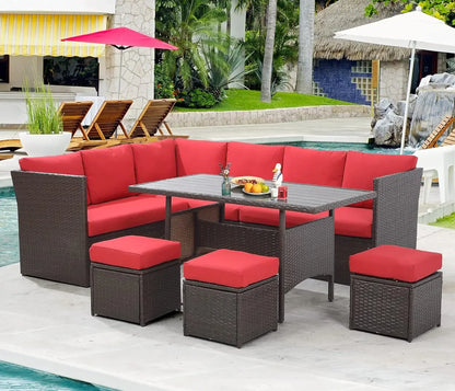 7-Piece Outdoor Patio Furniture Set - All-Weather Wicker Dining and Conversation Set with Table, Chairs, and Ottomans - BuzzMart