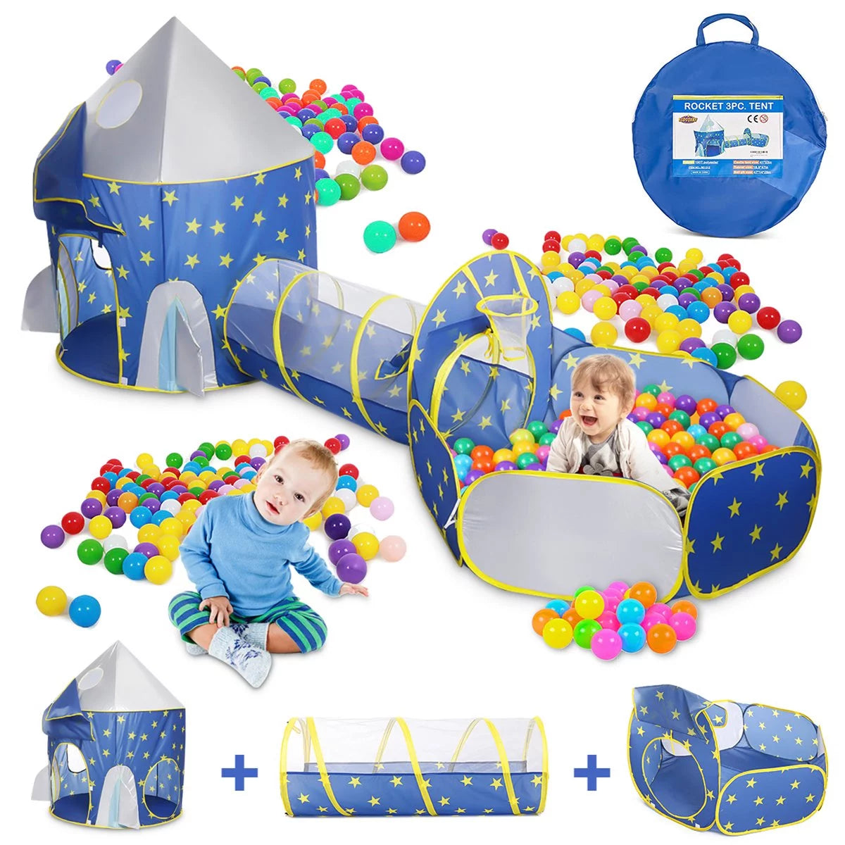 Kids Play Tent - 3-in-1 Play Tent with Play Tunnel, Baby Ball Pit, Castle Tent, and Storage Bag - Indoor Outdoor Toy Tent for Toddlers, Kids Toy Gifts (Balls Not Included) - BuzzMart