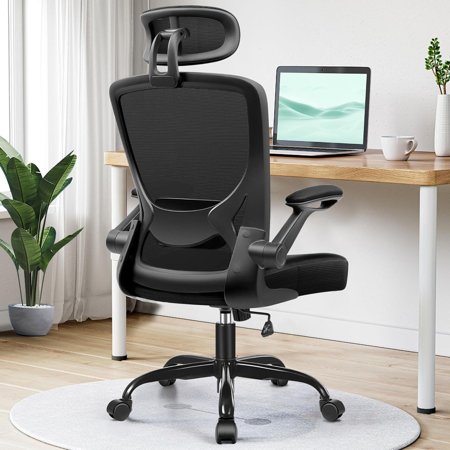 Ergonomic Mesh Office Chair with Lumbar Support and Headrest - Adjustable Height, Flip-Up Arms, Swivel Task Chair for Gaming and Office - BuzzMart