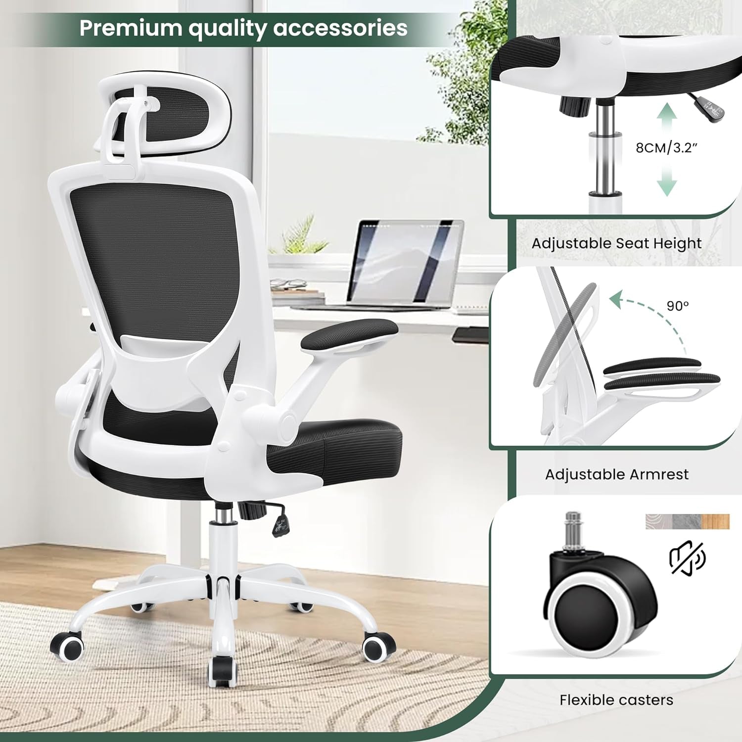 Ergonomic Mesh Office Chair with Lumbar Support and Headrest - Adjustable Height, Flip-Up Arms, Swivel Task Chair for Gaming and Office - BuzzMart