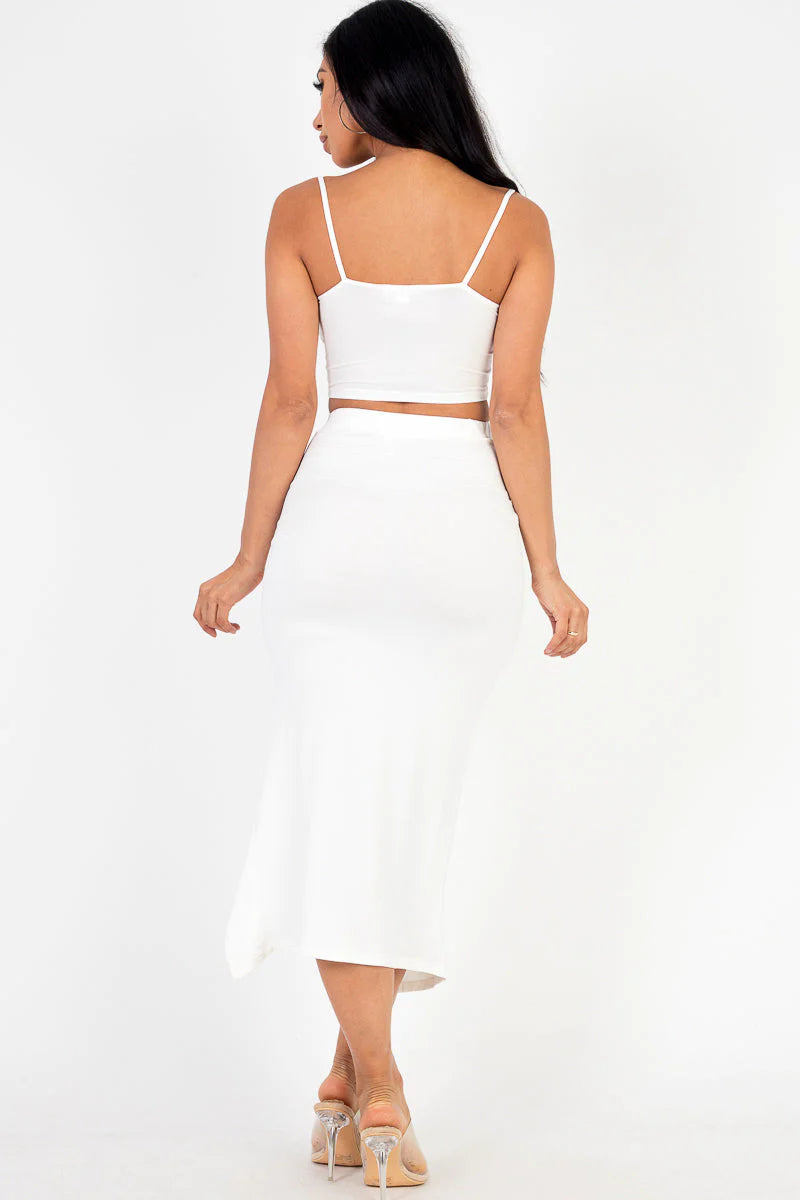 Cami Crop Top & Ruched Side Split Hem Midi Skirt Set (CAPELLA) - BuzzMart