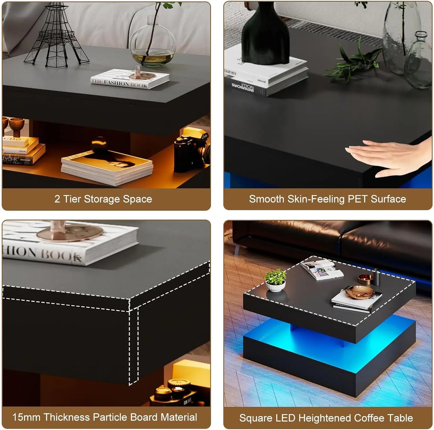 Modern LED Coffee Table with Storage and 20-Color Adjustable Lighting - BuzzMart