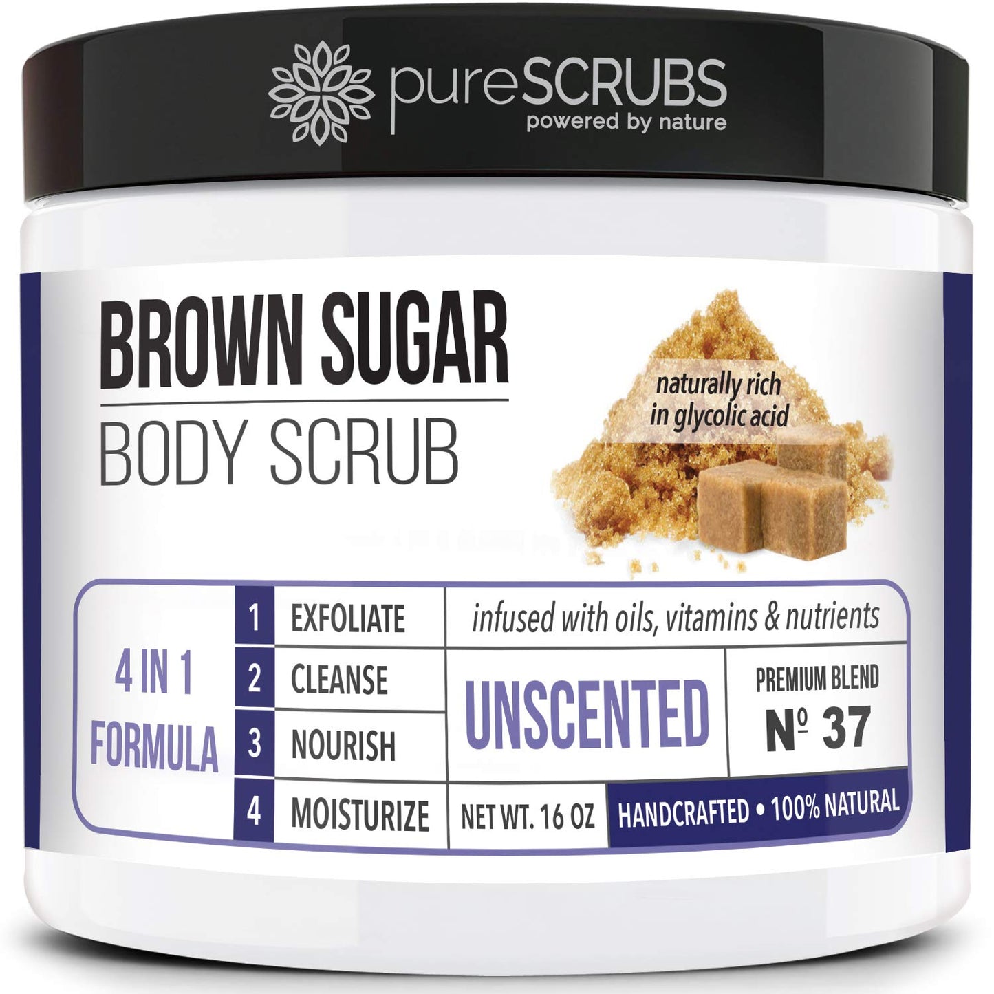 Premium Organic Brown Sugar Unscented Face & Body Scrub Set - Large 16oz, Infused with Organic Essential Oils & Nutrients - Includes Wooden Spoon, Loofah & Mini Exfoliating Bar Soap - BuzzMar