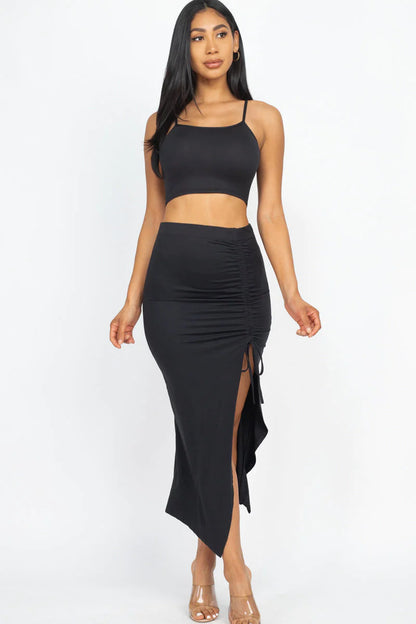 Cami Crop Top & Ruched Side Split Hem Midi Skirt Set (CAPELLA) - BuzzMart