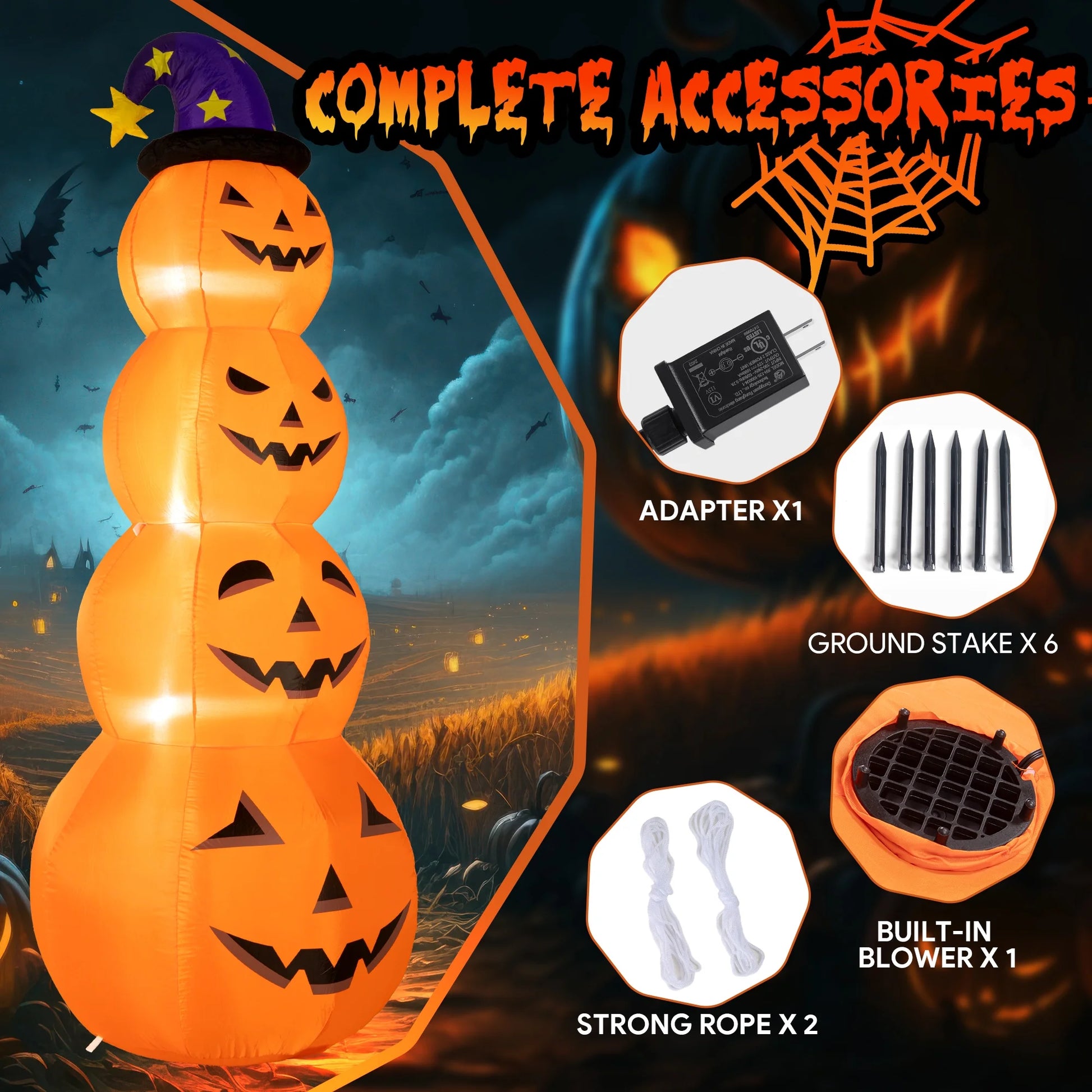 8 Ft Halloween Inflatable, Stacked Pumpkins with Witch Hat Inflatable with Build-In LED Lights, Blow up for Indoor Outdoor Lawn Yard Garden Home Party Halloween Decor, Orange