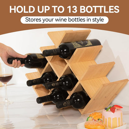 Wooden 13-Bottle Wine Rack - 4-Tier Wine Display Shelf, Free Standing & Countertop Wine Storage - Natural Wood Finish - BuzzMart