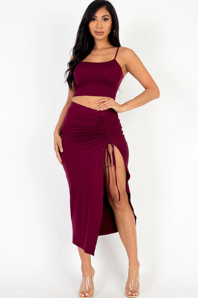 Cami Crop Top & Ruched Side Split Hem Midi Skirt Set (CAPELLA) - BuzzMart