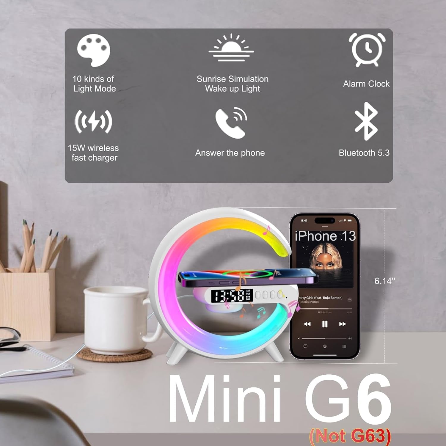 LED Table Lamp with Wireless Charger, Mini G Atmosphere Lamp with Bluetooth Speaker, Night Light Lamp Sunrise Alarm Clock, Smart Light Sound Machine for Bedroom【Mini Size 𝐆𝟔】 - Buzz