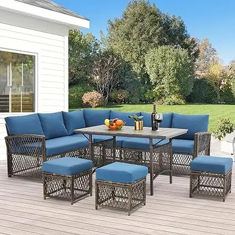 7-Piece Outdoor Patio Furniture Set - All-Weather Wicker Dining and Conversation Set with Table, Chairs, and Ottomans - BuzzMart