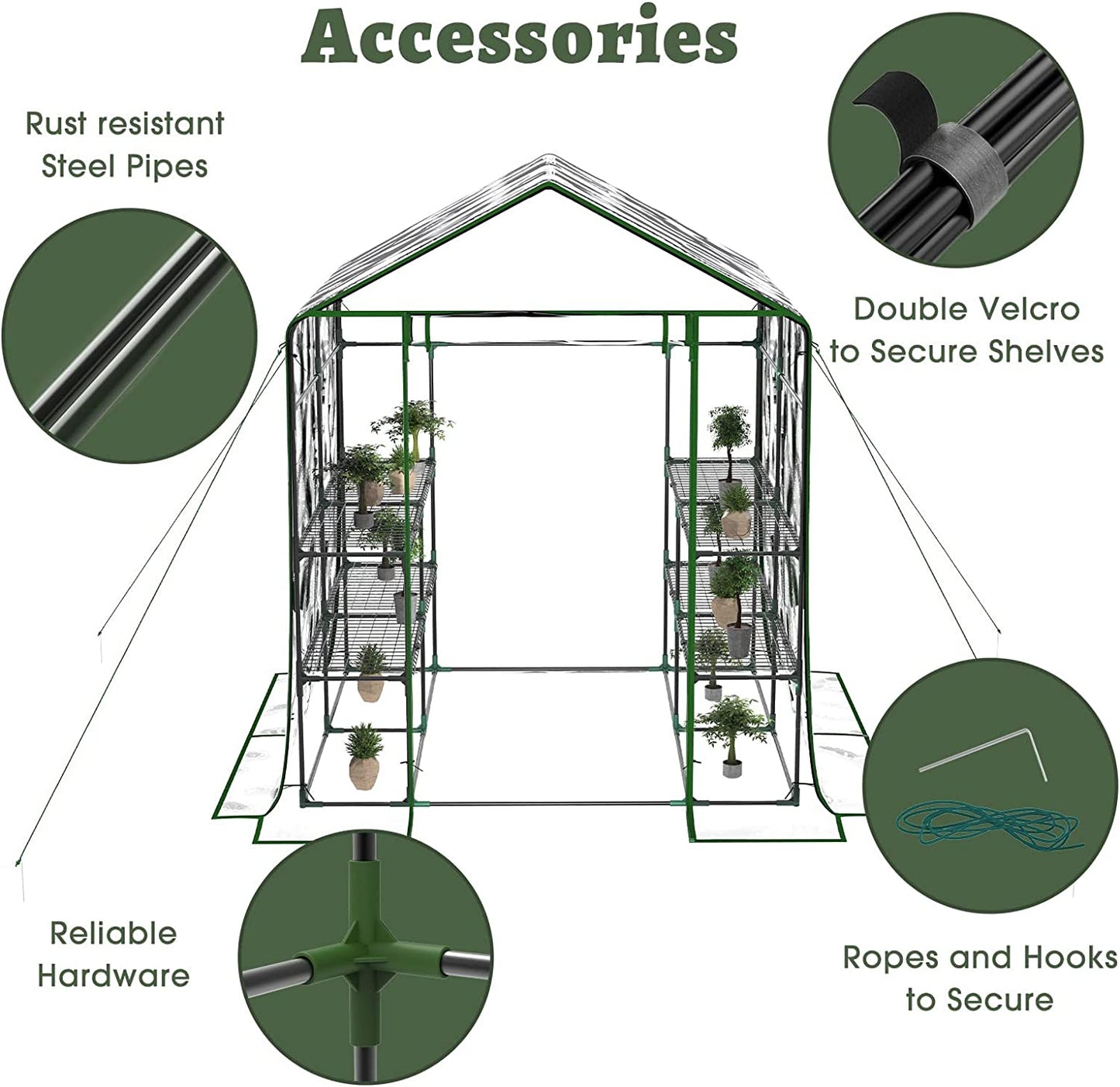 3-Tier Portable Pop-Up Greenhouse with 8 Shelves - Indoor and Outdoor Mini Greenhouse Kit with Anchors and Ropes - BuzzMart