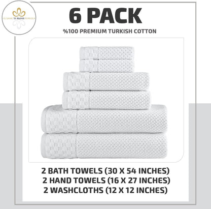 CTT Set of 6-100% Turkish Cotton, Absorbent & Comfy, Includes 2 Bath Towel 2 Hand Towel & 2 Washcloth | (White) - BuzzMart