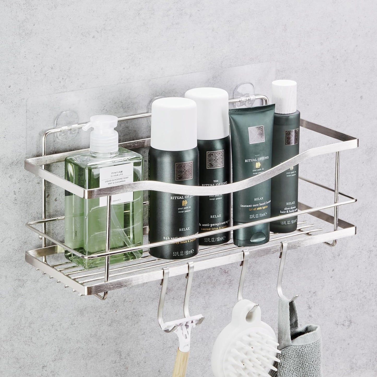 Premium Self-Adhesive Shower Caddy - Rustproof Stainless Steel Shower Organizer with Hooks, Matte Black - BuzzMart