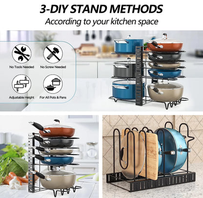 Pots and Pans Organizer Rack, 3 DIY Methods Adjustable 8-Tier Pot and Pan Rack, Metal Heavy Duty Pot Lid Organizer with Anti-Slip Silicone Pad for Cabinet Kitchen Organization Storage - BuzzM