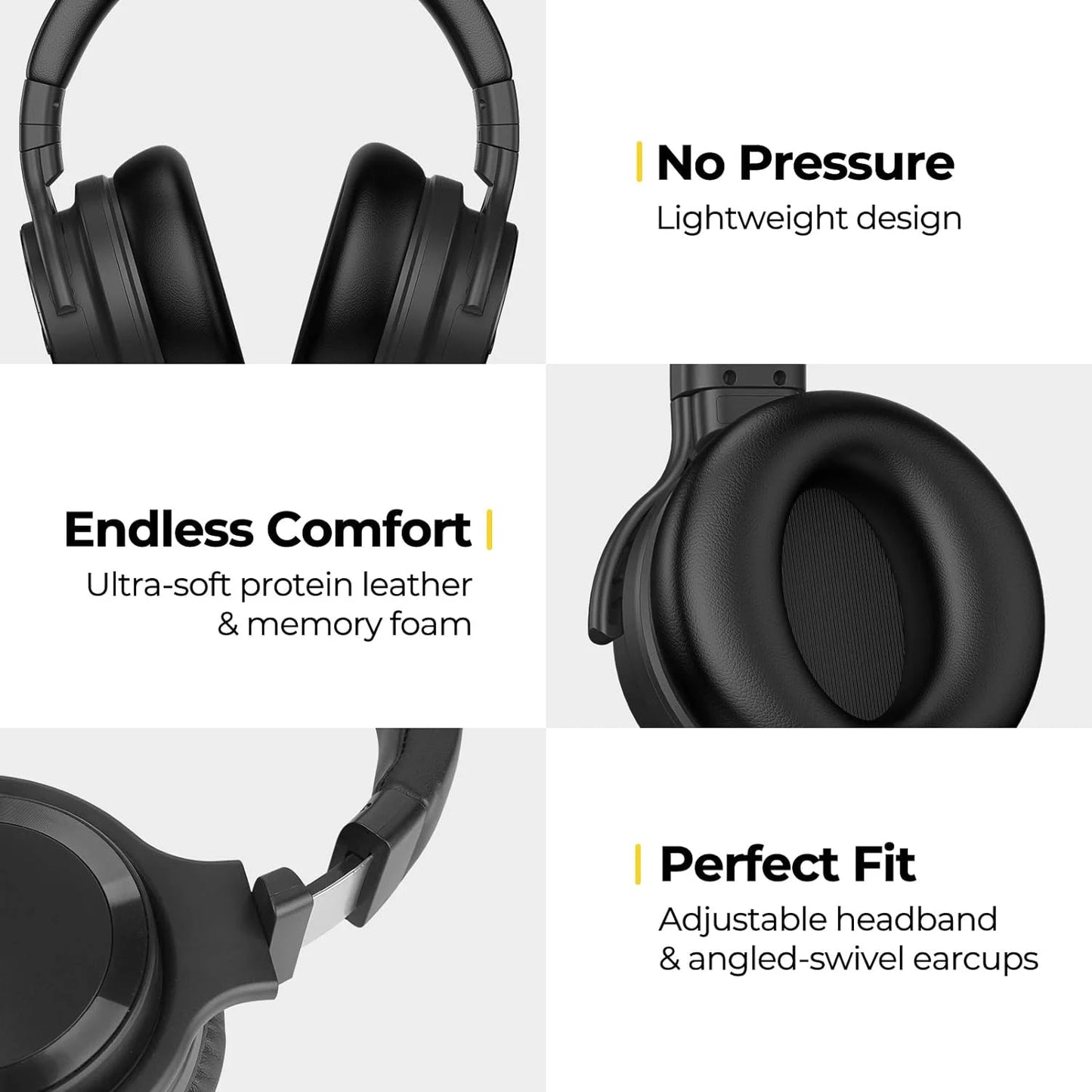 E7 Active Noise Cancelling Headphones - Wireless Bluetooth Headphones with Rich Bass, Clear Calls - Black - BuzzMart