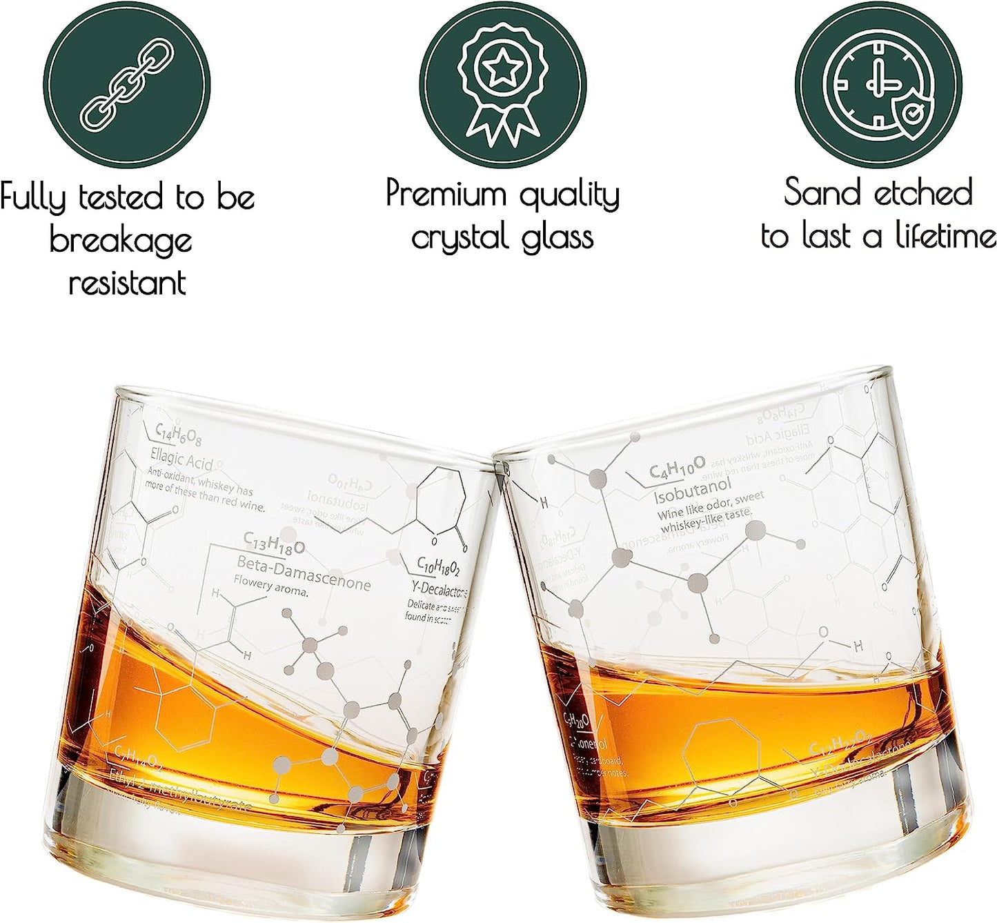 Science of Glasses - 10 Oz Etched Tumbler Gift Set (Set of 2) | Old Fashioned Rocks Glasses with Whiskey Chemistry Molecules - BuzzMart