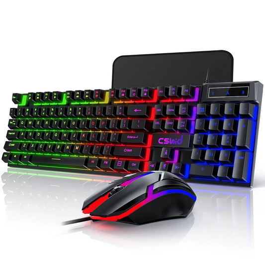 Rainbow LED Gaming Keyboard & Mouse Combo - Quiet, Backlit USB Wired Keyboard with Multimedia Keys, Anti-Ghosting, Waterproof for PC Gamers - BuzzMart