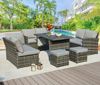 7-Piece Outdoor Patio Furniture Set - All-Weather Wicker Dining and Conversation Set with Table, Chairs, and Ottomans - BuzzMart