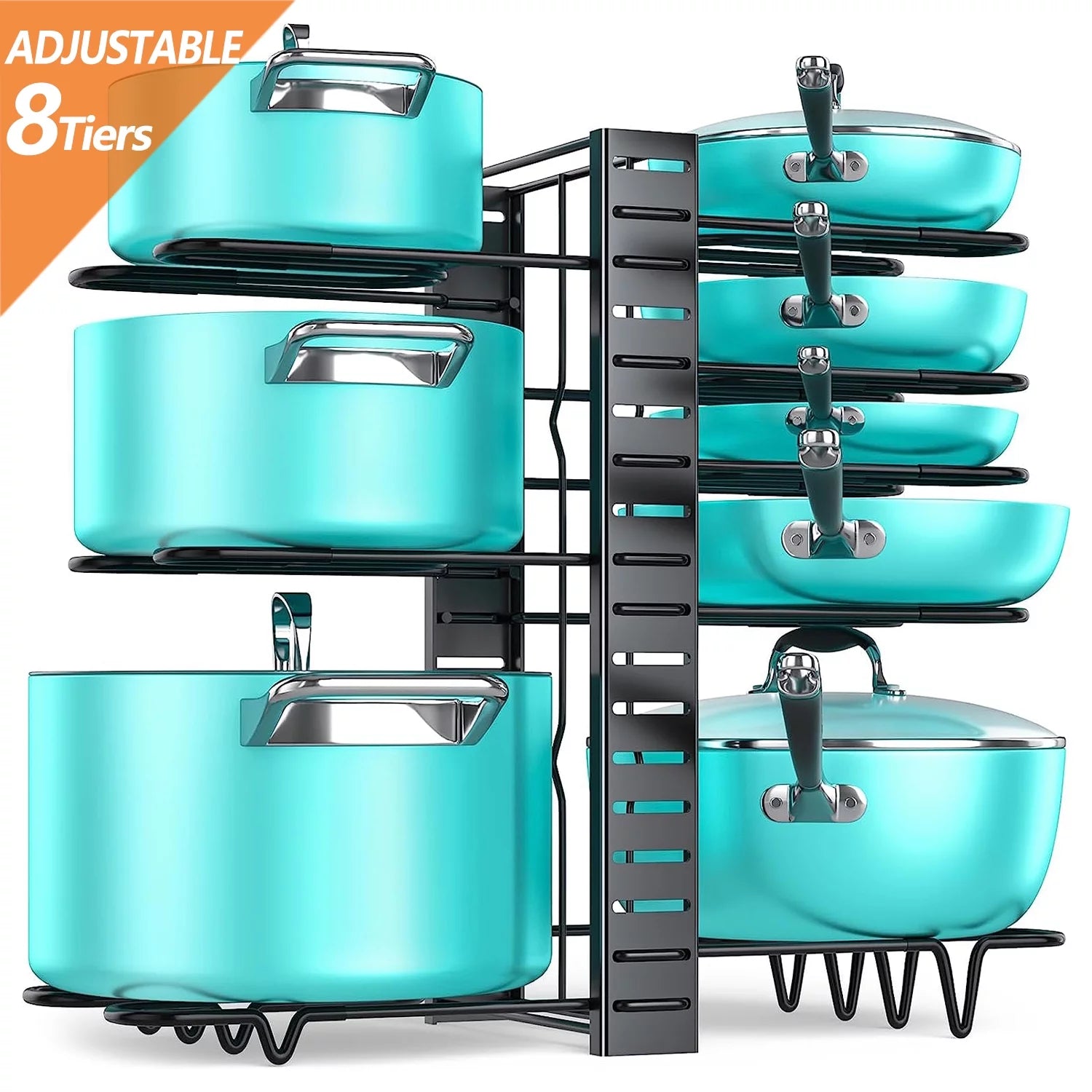 Pots and Pans Organizer Rack, 3 DIY Methods Adjustable 8-Tier Pot and Pan Rack, Metal Heavy Duty Pot Lid Organizer with Anti-Slip Silicone Pad for Cabinet Kitchen Organization Storage - BuzzM