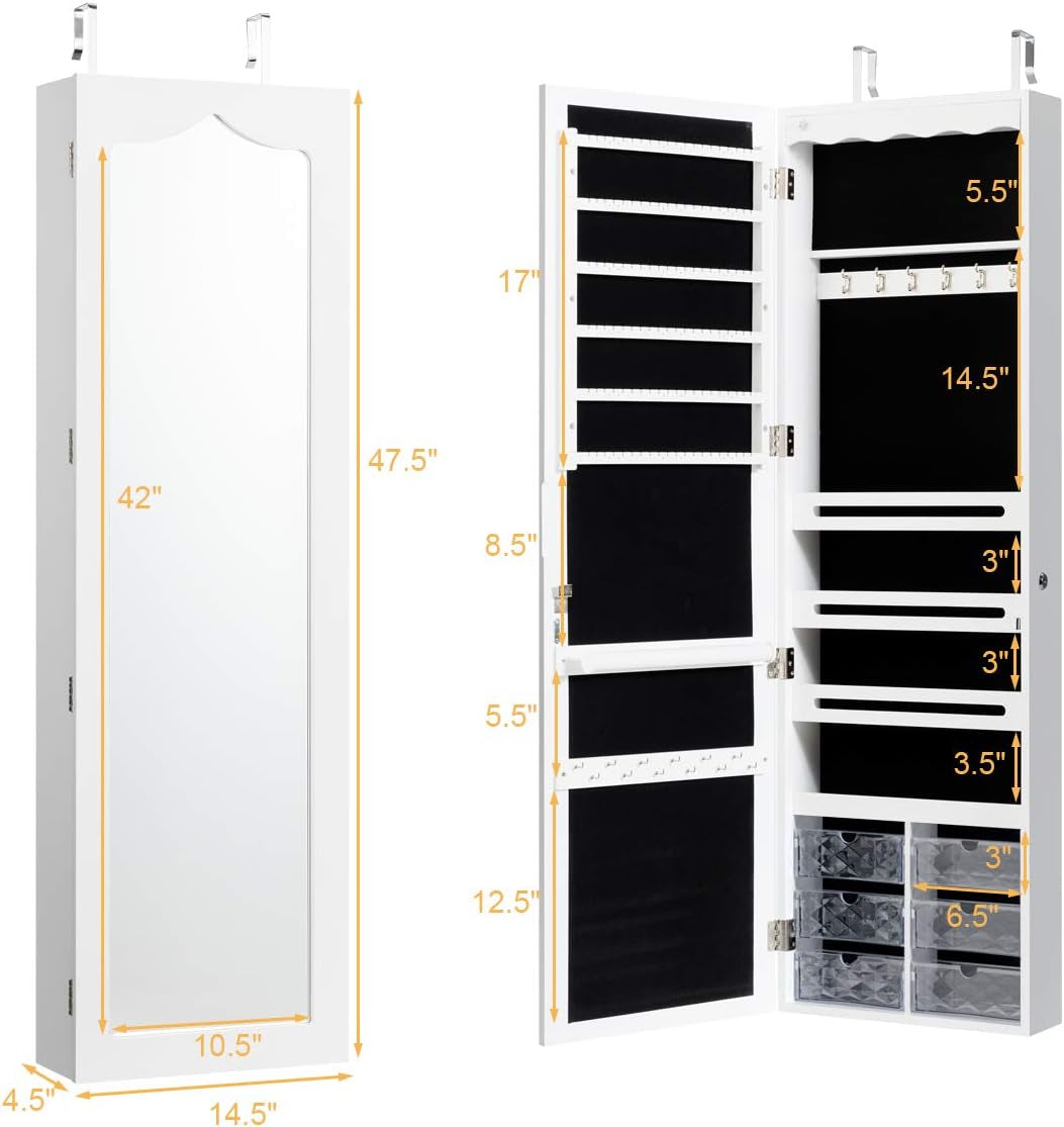 47.5'' Full-Length Mirror Jewelry Cabinet Armoire - Wall Mounted & Door Hanging Lockable Organizer with LED Lights and Acrylic Drawers - BuzzMart