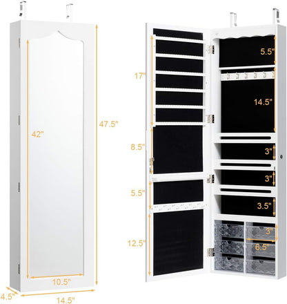 47.5'' Full-Length Mirror Jewelry Cabinet Armoire - Wall Mounted & Door Hanging Lockable Organizer with LED Lights and Acrylic Drawers - BuzzMart