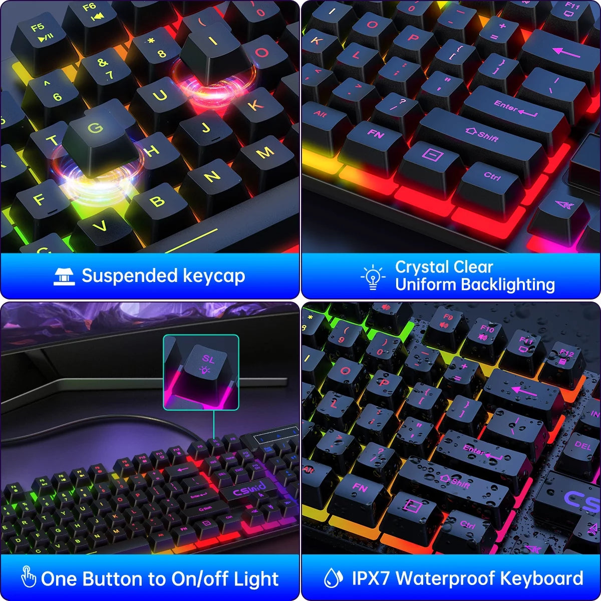 Rainbow LED Gaming Keyboard & Mouse Combo - Quiet, Backlit USB Wired Keyboard with Multimedia Keys, Anti-Ghosting, Waterproof for PC Gamers - BuzzMart