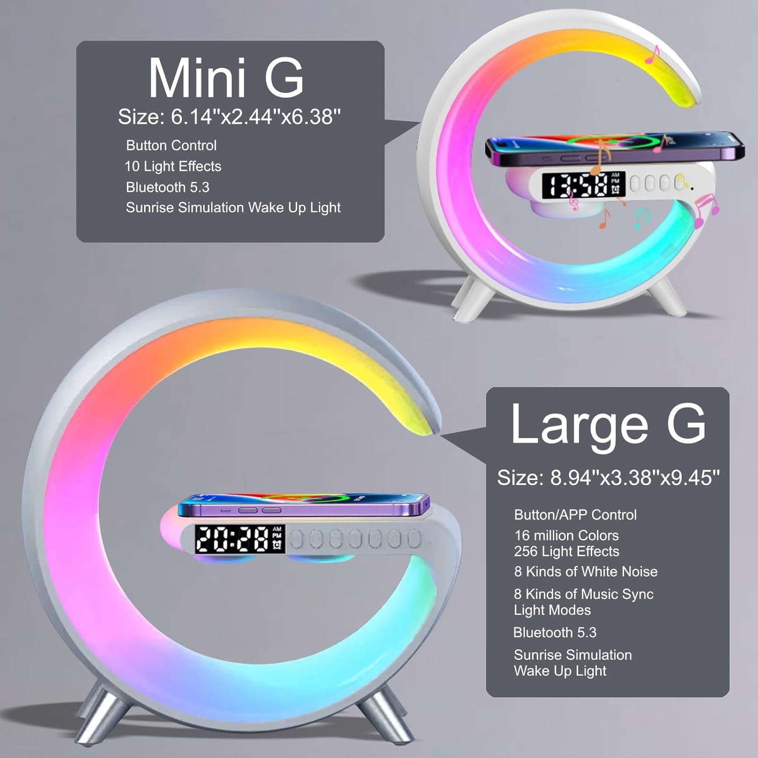 LED Table Lamp with Wireless Charger, Mini G Atmosphere Lamp with Bluetooth Speaker, Night Light Lamp Sunrise Alarm Clock, Smart Light Sound Machine for Bedroom【Mini Size 𝐆𝟔】 - Buzz