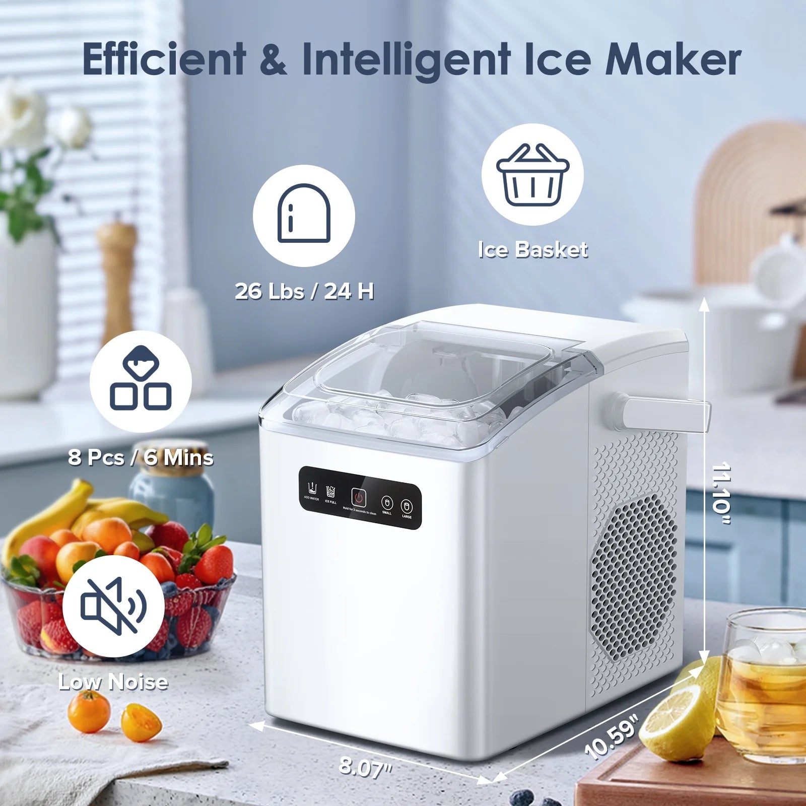 Countertop Portable Ice Maker - Self-Cleaning with Handle, Ice Scoop, 2 Sizes of Bullet Ice Cubes, For Home/Kitchen/Office (White) - BuzzMart