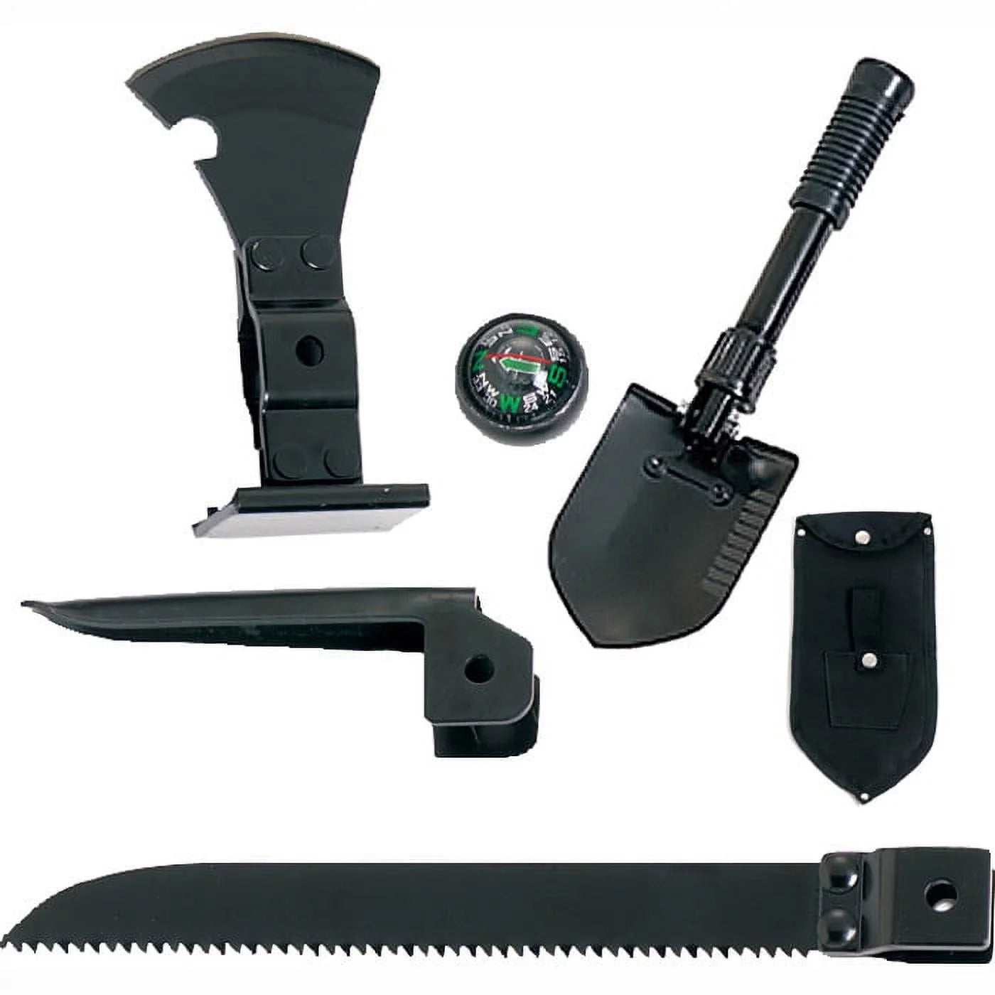 Multi Purpose Camp Tool W/Shovel, Saw, Pick, Hatchet, Hammer & Compass - BuzzMart