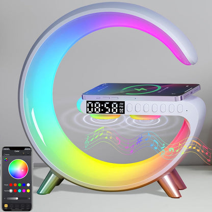 LED Table Lamp with Wireless Charger, Mini G Atmosphere Lamp with Bluetooth Speaker, Night Light Lamp Sunrise Alarm Clock, Smart Light Sound Machine for Bedroom【Mini Size 𝐆𝟔】 - Buzz